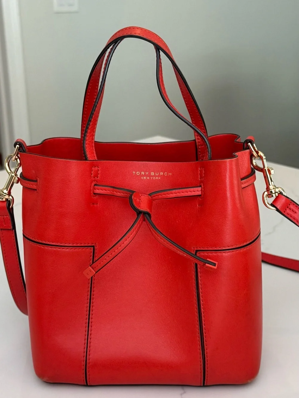 Tory Burch Red Leather Mini Drawstring Shoulder Bag